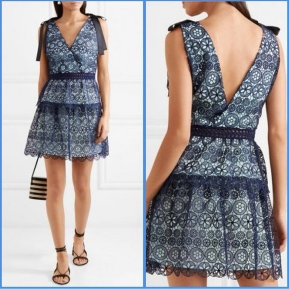 Self-Portrait Blue Lace V-Neck Dress - size 8 - Picture 1 of 10
